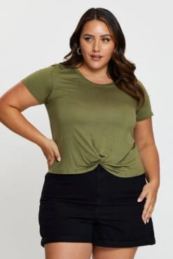 Green Cotton T-shirt Knot Front Crew Neck Short Sleeve -You And All Fashion Store cjc31085 42ab khaki 3 1