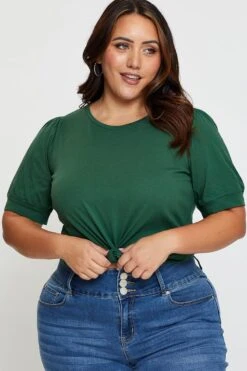 Green Cotton T-shirt Round Neck Puff Sleeve