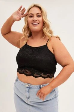 Black Shoestring Strap Lace Crop Top