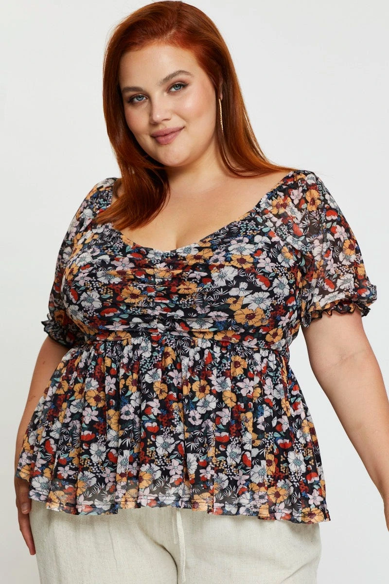 Floral Print Hem Top Puff Sleevemesh Gathered 1 Floral Print Hem Top Puff Sleevemesh Gathered