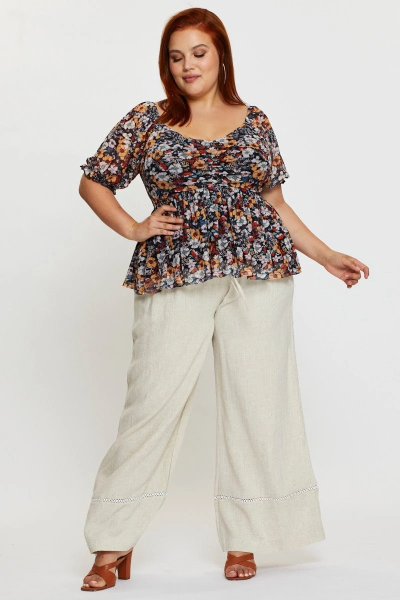 Floral Print Hem Top Puff Sleevemesh Gathered 2 Floral Print Hem Top Puff Sleevemesh Gathered - Image 2