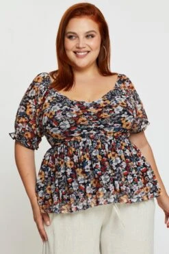 Floral Print Hem Top Puff Sleevemesh Gathered 8 Floral Print Hem Top Puff Sleevemesh Gathered -You And All Fashion Store cjc31233 34ab floral prt 3