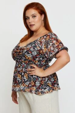 Floral Print Hem Top Puff Sleevemesh Gathered 9 Floral Print Hem Top Puff Sleevemesh Gathered -You And All Fashion Store cjc31233 34ab floral prt 4