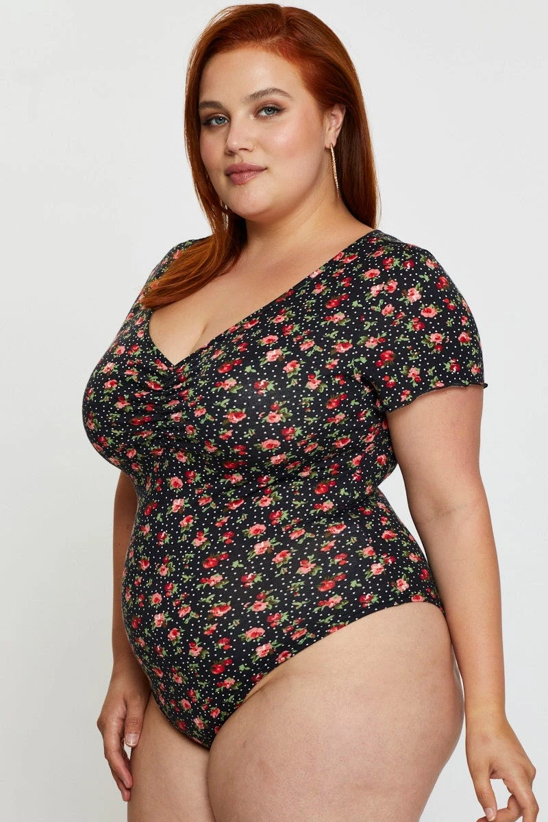 Ditsy Print Front Bodysuit V-neck Short Sleeve Floral Ruched 2 Ditsy Print Front Bodysuit V-neck Short Sleeve Floral Ruched - Image 2