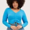 Mid Blue Drawstring T-shirt Lettuce Edge Long Sleeve Rib