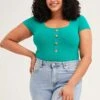 Green Rib Jersey Bodysuit Button Front Short Sleeve