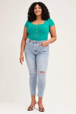 Green Rib Jersey Bodysuit Button Front Short Sleeve -You And All Fashion Store cjc31282 84a green 3