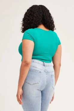 Green Rib Jersey Bodysuit Button Front Short Sleeve -You And All Fashion Store cjc31282 84a green 5