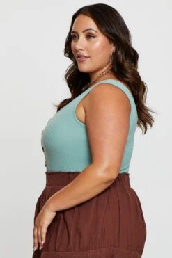 Green Front Bodysuit Sleeveless Rib Button -You And All Fashion Store cjc31290 84ab sage 4