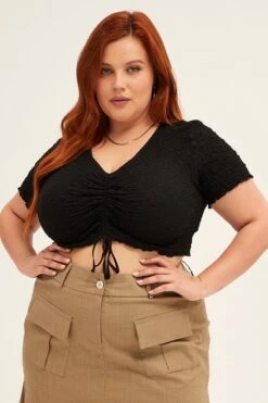 Black Crop Top Short Sleeve Textured Lace Drawstring -You And All Fashion Store cjc31297f 33ab black 3