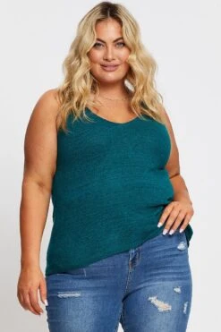 Green Sleeveless Tank V-neck Knit
