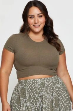 Black Crop T-shirt Crew Neck Rib Cotton Jersey Fitted -You And All Fashion Store cjc31374 42a khaki 1