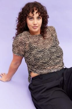 Animal Print Drawstring T-shirt Short Sleeve Mesh