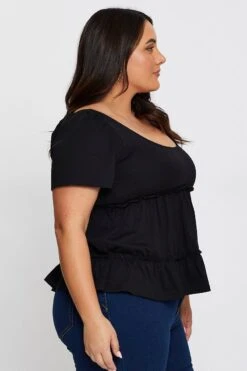 Black Hem T-shirt Scoop Neck Petal Sleeve Tiered -You And All Fashion Store cjc31423 84a black 4