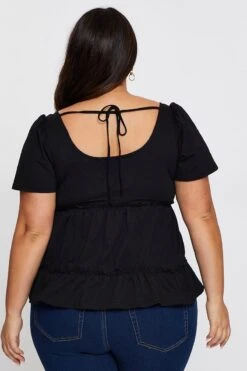 Black Hem T-shirt Scoop Neck Petal Sleeve Tiered -You And All Fashion Store cjc31423 84a black 5