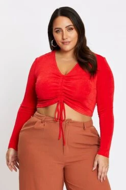 Red Long Sleeve Slinky Jersey Gather Front Top