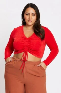 Red Long Sleeve Slinky Jersey Gather Front Top -You And All Fashion Store cjc31486 33ab watermelon 3 1