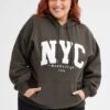 Grey Hoodie Sweatshirt Pocket Nyc Embroidered Oversized