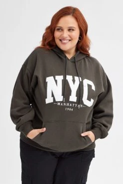 Grey Hoodie Sweatshirt Pocket Nyc Embroidered Oversized