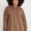 Brown Longline Hoodie Side Split Detail Long Sleeve