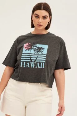Grey Graphic T-shirt Crop Hawaii Cotton -You And All Fashion Store cjc31636k 84ab charcoal 3