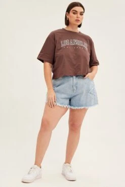 Brown Short Sleeve Los Angeles Crop T-shirt -You And All Fashion Store cjc31636l 84ab chocolate 2