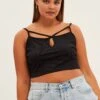 Black Crop Singlet Sleeveless Strappy Cross Front Jersey