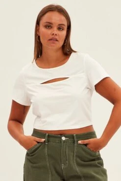 White Crop Top Short Sleeve Keyhole Jersey -You And All Fashion Store cjc31680 42a white 3