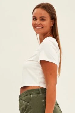 White Crop Top Short Sleeve Keyhole Jersey -You And All Fashion Store cjc31680 42a white 4