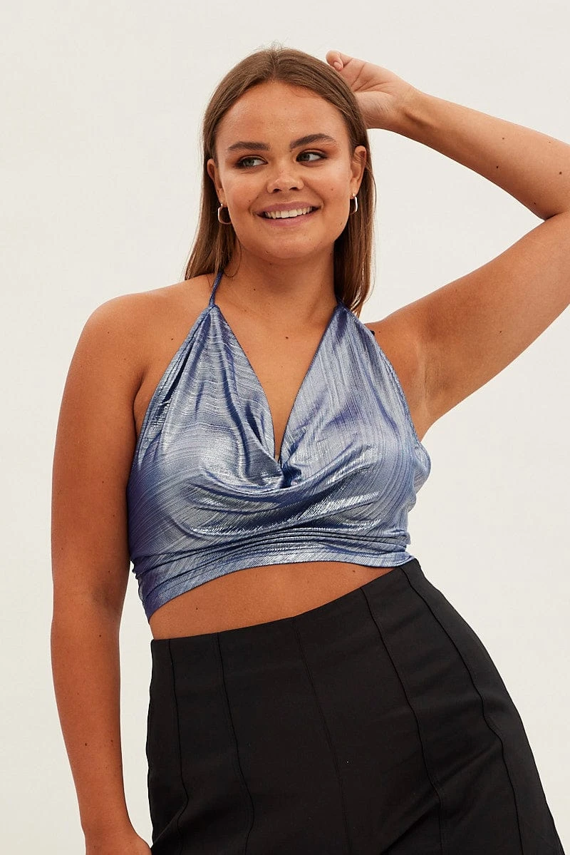 Blue Halter Top Tie Back Cowl Neck Foil Jersey 1 Blue Halter Top Tie Back Cowl Neck Foil Jersey