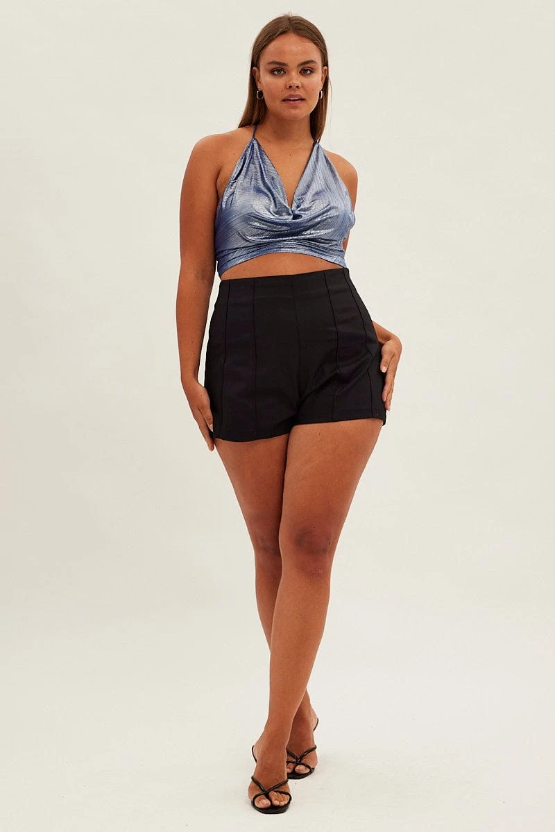 Blue Halter Top Tie Back Cowl Neck Foil Jersey 2 Blue Halter Top Tie Back Cowl Neck Foil Jersey - Image 2