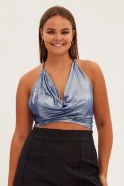 Blue Halter Top Tie Back Cowl Neck Foil Jersey 8 Blue Halter Top Tie Back Cowl Neck Foil Jersey -You And All Fashion Store cjc31884 42ab blue 3