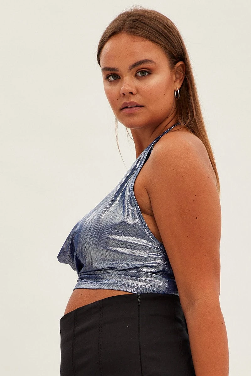 Blue Halter Top Tie Back Cowl Neck Foil Jersey 4 Blue Halter Top Tie Back Cowl Neck Foil Jersey - Image 4