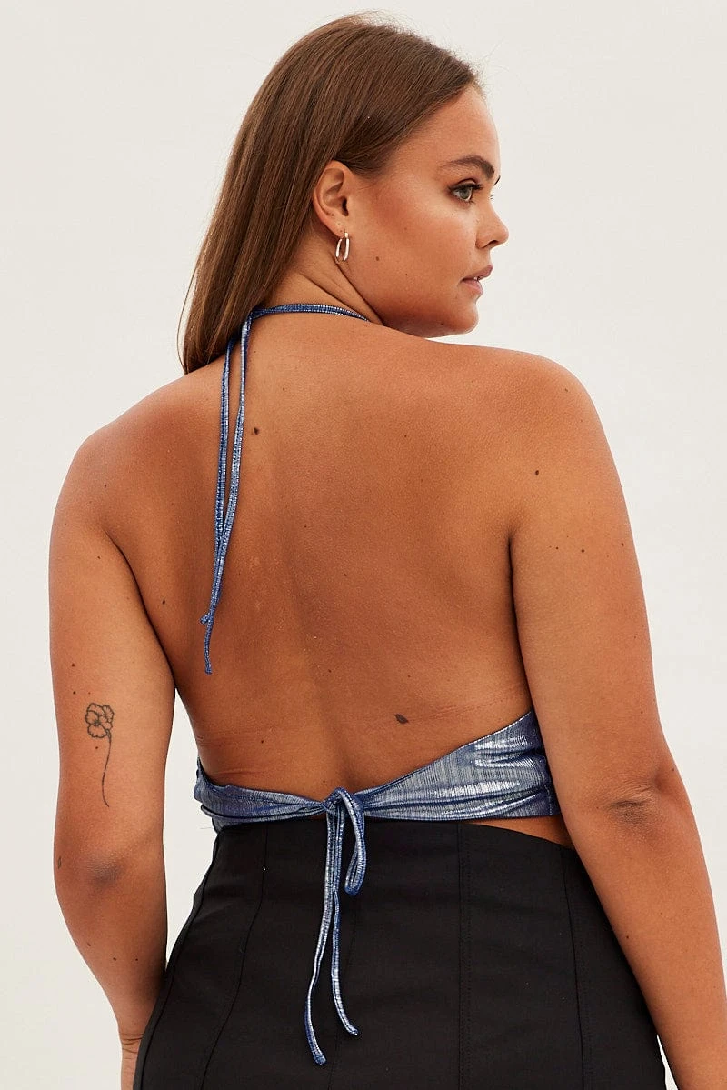 Blue Halter Top Tie Back Cowl Neck Foil Jersey 5 Blue Halter Top Tie Back Cowl Neck Foil Jersey - Image 5