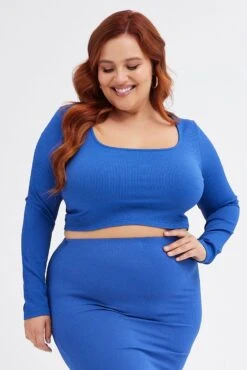 Blue Scoop Neck Top Rib Jersey Seamless Look -You And All Fashion Store cjc31949x 84a blue 3