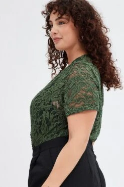 Green Lace Bodysuit Short Sleeve V-neck -You And All Fashion Store cjc32051 36a forest 4