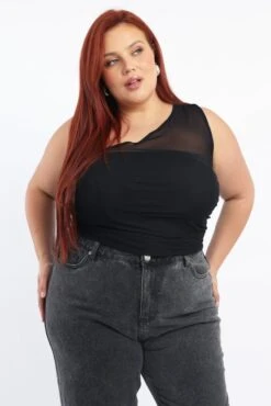 Black Mesh One Shoulder Top Side Ruched