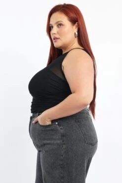 Black Mesh One Shoulder Top Side Ruched -You And All Fashion Store cjc40010 84db black 3