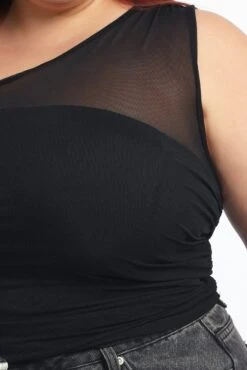 Black Mesh One Shoulder Top Side Ruched -You And All Fashion Store cjc40010 84db black 5
