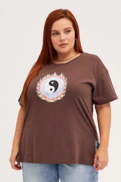 Brown Graphic T-shirt Longline Yin Yang Cotton -You And All Fashion Store cjc7647 84a brown 3