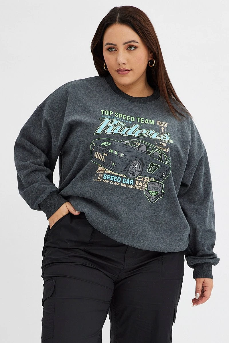 Grey Oversized Sweatshirt Racing Tour Printed Fleece 1 Grey Oversized Sweatshirt Racing Tour Printed Fleece