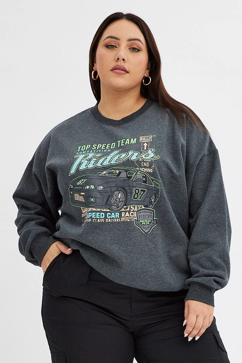 Grey Oversized Sweatshirt Racing Tour Printed Fleece 3 Grey Oversized Sweatshirt Racing Tour Printed Fleece - Image 3