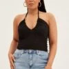 Black Halter Top Rib Jersey Gather Bust Detail