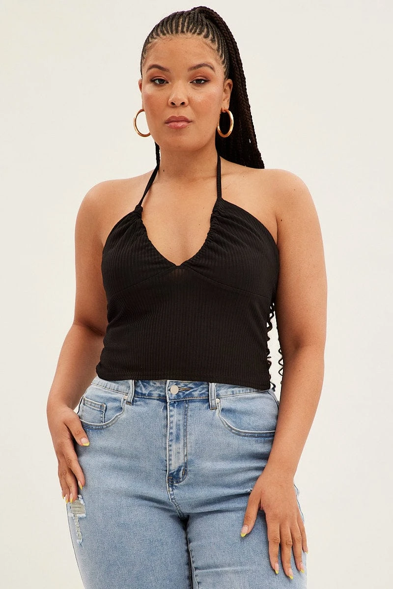 Black Halter Top Rib Jersey Gather Bust Detail