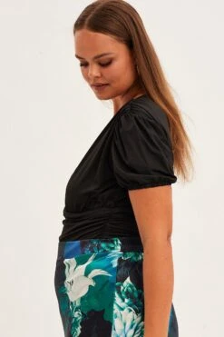 Black Stretch Bodysuit Short Puff Sleeve Deep V Jersey -You And All Fashion Store cjc9046 47a black 4