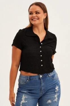 Black Short Sleeve Button Top -You And All Fashion Store cjc9239 59j black 3