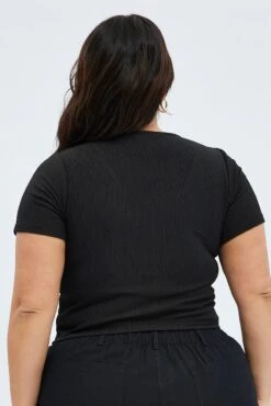 Black Button Top Short Sleeve Textured Rib -You And All Fashion Store cjck31843x 42a black 5