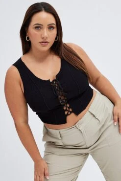 Black Sleeveless Top Lace Up Rib Jersey