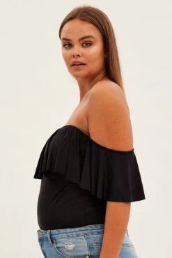 Black Frill Bodysuit Off Shoulder Frill Jersey -You And All Fashion Store cjd31239 34ab black 4