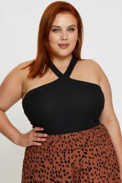 Black Jersey Bodysuit Cross Front Halter